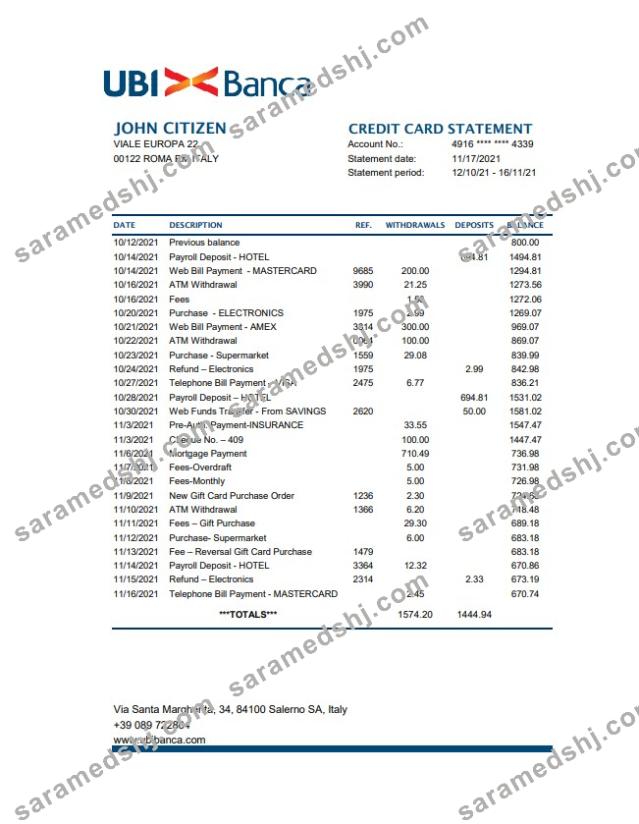 Italy UBI BANCA bank statement easy to fill template in Excel and PDF format